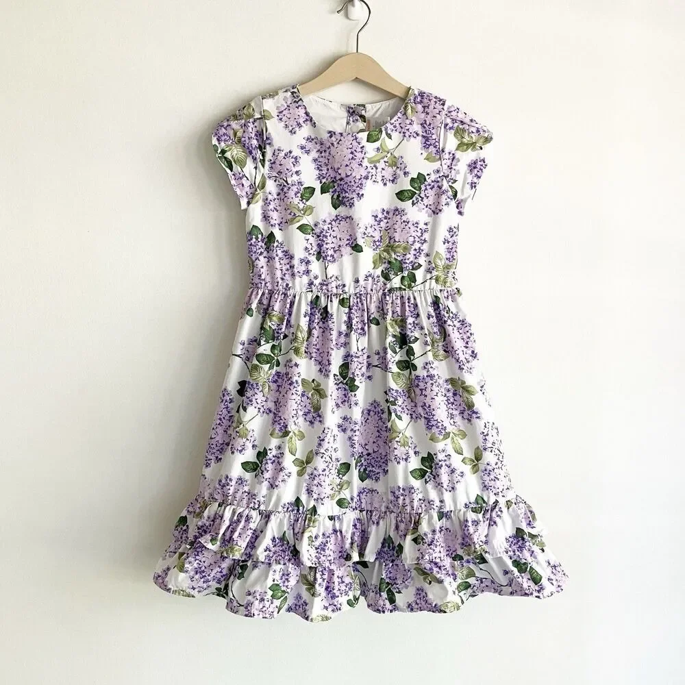 Gymboree Floral Print Dress Girls Sz 8 Purple Ruffle Lined 100% Cotton Spring